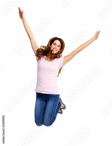 Photo: Happy jumping girl. Happy jumping girl.