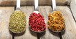 Condiments on wooden background