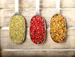 Condiments on wooden background