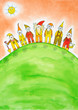 Seven dwarfs, child's drawing, watercolor painting on paper