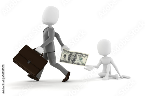 Illustration: 3d man businessman giving some money to a poor guy 3d man businessman giving some money to a poor guy