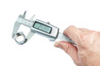 A man measures the piece caliper. Close-up.