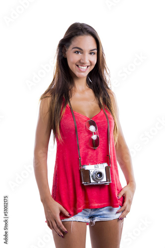 Photo: Happy tourist with a old vintage camera Happy tourist with a old vintage camera
