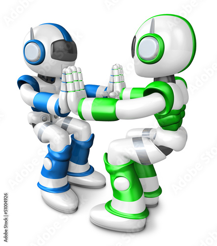 Illustration: Green robots and Blue robots Pushing each other. Create 3D Human Green robots and Blue robots Pushing each other. Create 3D Human