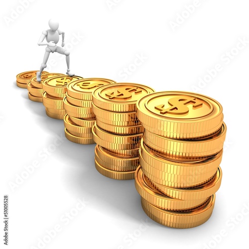 Illustration: 3d man steps on success dollar coins bar chart 3d man steps on success dollar coins bar chart