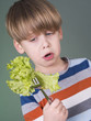 Pretty boy holding green salad on fork