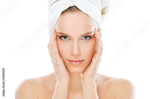 Photo: Beauty with towel isolated on white Beauty with towel isolated on white