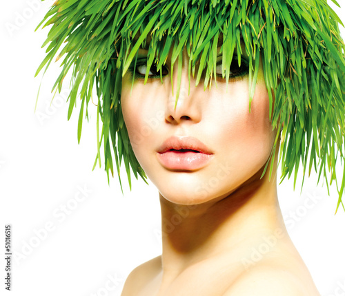Photo: Beauty Spring Woman with Fresh Green Grass Hair. Summer Nature Beauty Spring Woman with Fresh Green Grass Hair. Summer Nature
