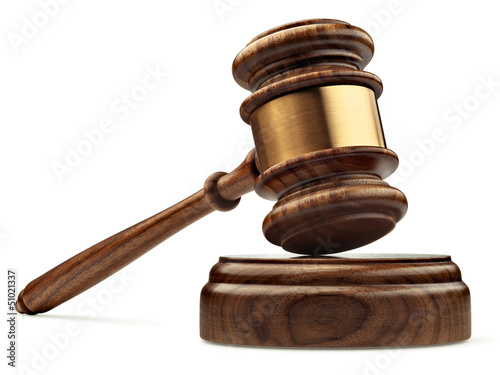 Photo: A wooden judge gavel and soundboard isolated on white background A wooden judge gavel and soundboard isolated on white background