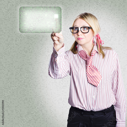 Photo: Woman pressing touch screen technology button Woman pressing touch screen technology button