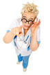crazy doctor shows finger in camera