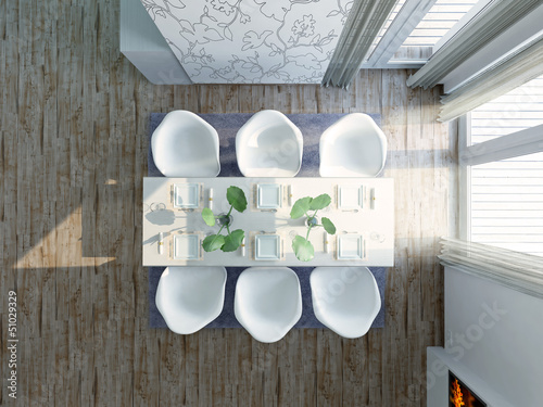 Illustration: Modern, extravagant Dining Room, birdview penthouse Modern, extravagant Dining Room, birdview penthouse