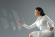 Future technology. Girl press button touchscreen interface.