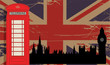 Phone booth and parliament on UK flag, vector illustration