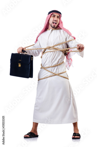 Photo: Arab man tied up with rope on white Arab man tied up with rope on white