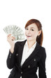 happy businesswoman with money