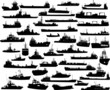 Set of 45 silhouettes of sea towboat, battleship and ships