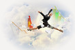 businesswoman in black suit jumping