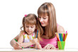 mother and her child girl pencil together
