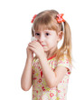 kid wiping or cleaning nose with tissue isolated on white