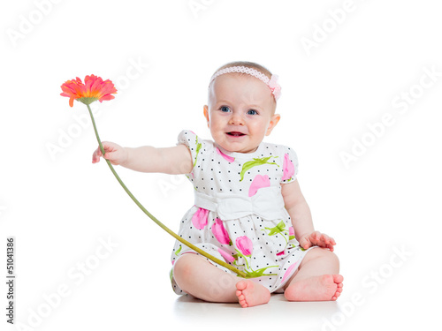 Photo: beautiful girl with flower gift, isolated on white beautiful girl with flower gift, isolated on white