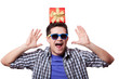 A man with present box on the head, white background.