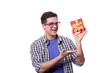 A man with present box, white background.