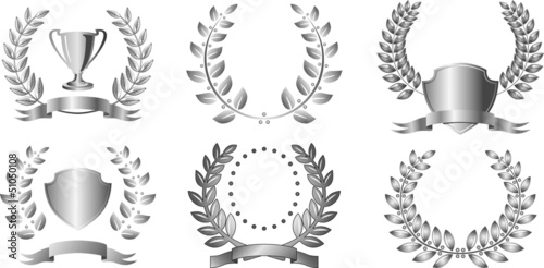 Vector: Silver laurel wreaths with ribbon and shields Silver laurel wreaths with ribbon and shields