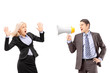 Afraid businesswoman and her manager shouting with a speakerphon