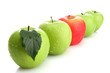 Ripe green apples and one red apple isolated on white