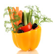 Assorted raw vegetables sticks in pepper bowl isolated on white