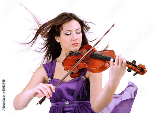Photo: Beautiful young girl with violin, isolated on white Beautiful young girl with violin, isolated on white