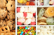 Multicolor candies and cookies in white wooden box close up