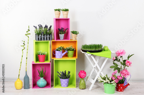 Photo: Beautiful colorful shelves with decorative elements standing in Beautiful colorful shelves with decorative elements standing in