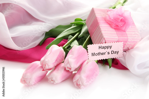 Photo: Bouquet of pink tulips and gift Bouquet of pink tulips and gift