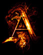 A, illustration of  word with chrome effects and red fire on bla