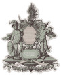 heraldic cartouche with cherubs and various decorative elements
