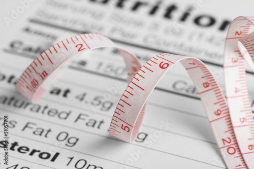 Photo: Close up of a measure tape on a nutrition fact sheet Close up of a measure tape on a nutrition fact sheet