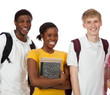 Multi-ethnic college students/friends with backpacks and books