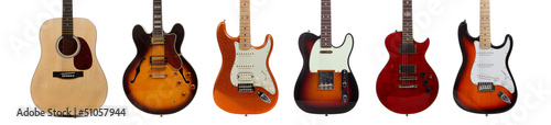 Photo: Group of six guitars on white background Group of six guitars on white background