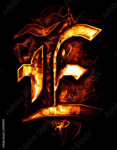 Illustration: E, illustration of word with chrome effects and red fire on bla E, illustration of word with chrome effects and red fire on bla