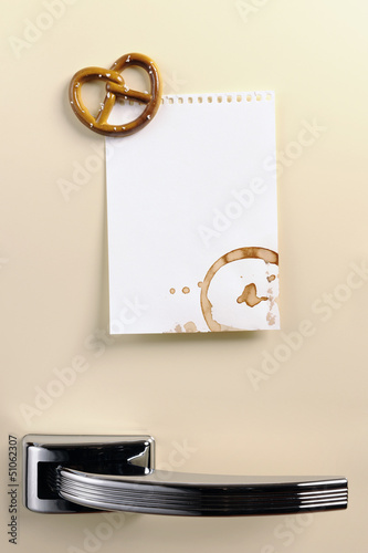Photo: Blank note on fifties fridge door with Pretzel magnet Blank note on fifties fridge door with Pretzel magnet