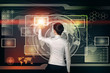 Foto: businesswoman touch virtual button in web interface businesswoman touch virtual button in web interface