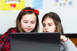 Schoolgirls working with laptop in classroom