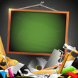 Hand tools and empty chalkboard - Carpentry background