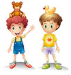 Two boys with their toys above their heads