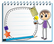 A notebook with a drawing of a boy holding a cup of hot tea