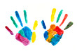 Foto: Hands painted, stamped on paper, colorful fun Hands painted, stamped on paper, colorful fun