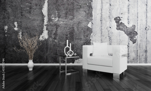 Illustration: Modern chair in front of concrete wall | 3d interior Modern chair in front of concrete wall | 3d interior