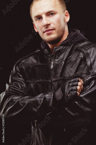 Photo: man wearing black leather jacket man wearing black leather jacket